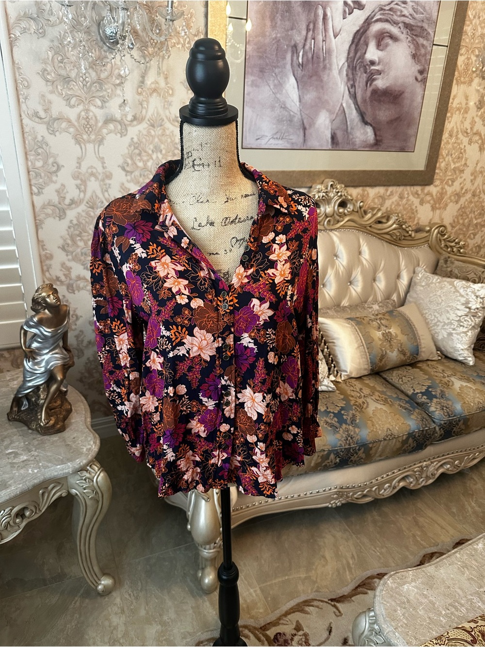 Democracy Floral Button-Up Blouse in Burgundy, Purple and Pink